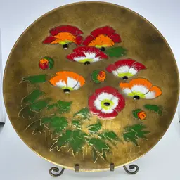 Enamel On Copper Floral Large Wall Hanging Signed