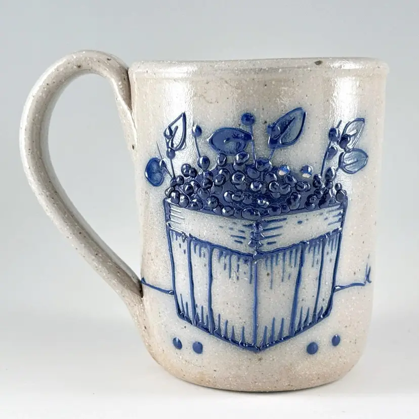 Salmon Falls Pottery Blueberries Basket Mug, Hand Painted Salt Glazed Stoneware