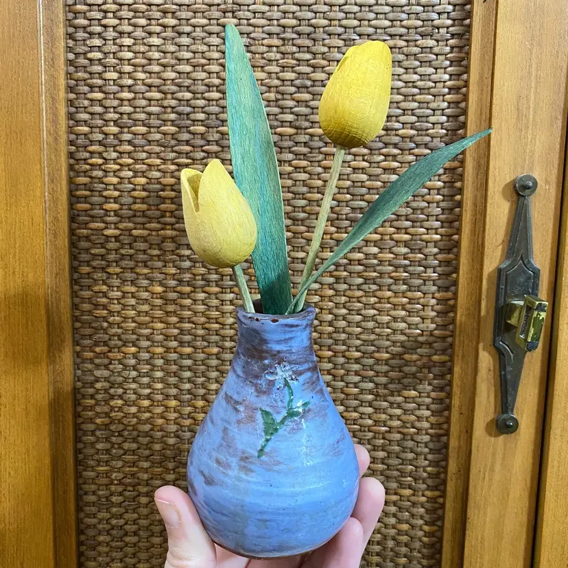 Pottery Bud Vase With Wooden Tulips / Leaves