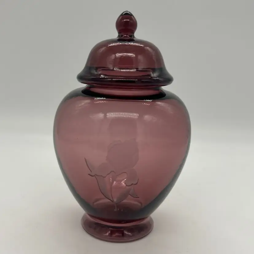 Fenton Amethyst Etched Iris Ginger Jar