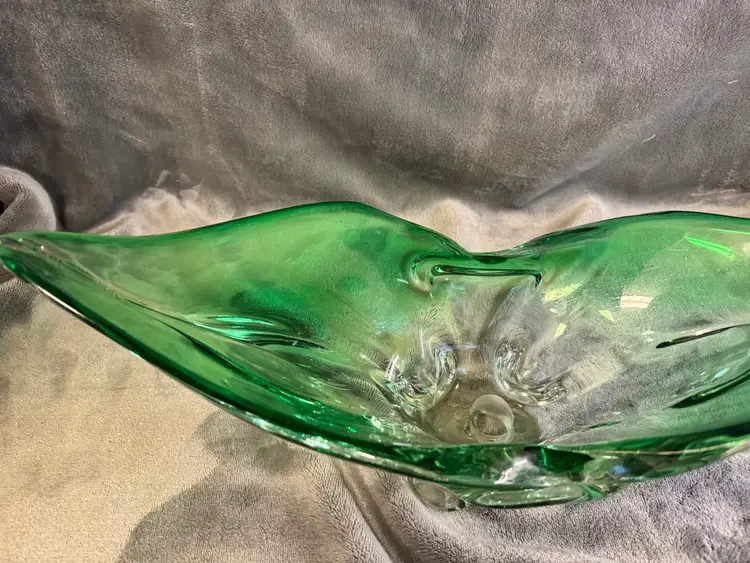 Vintage Murano Italy Art Glass Bowl Green Flower Planter Handmade Floriform MCM