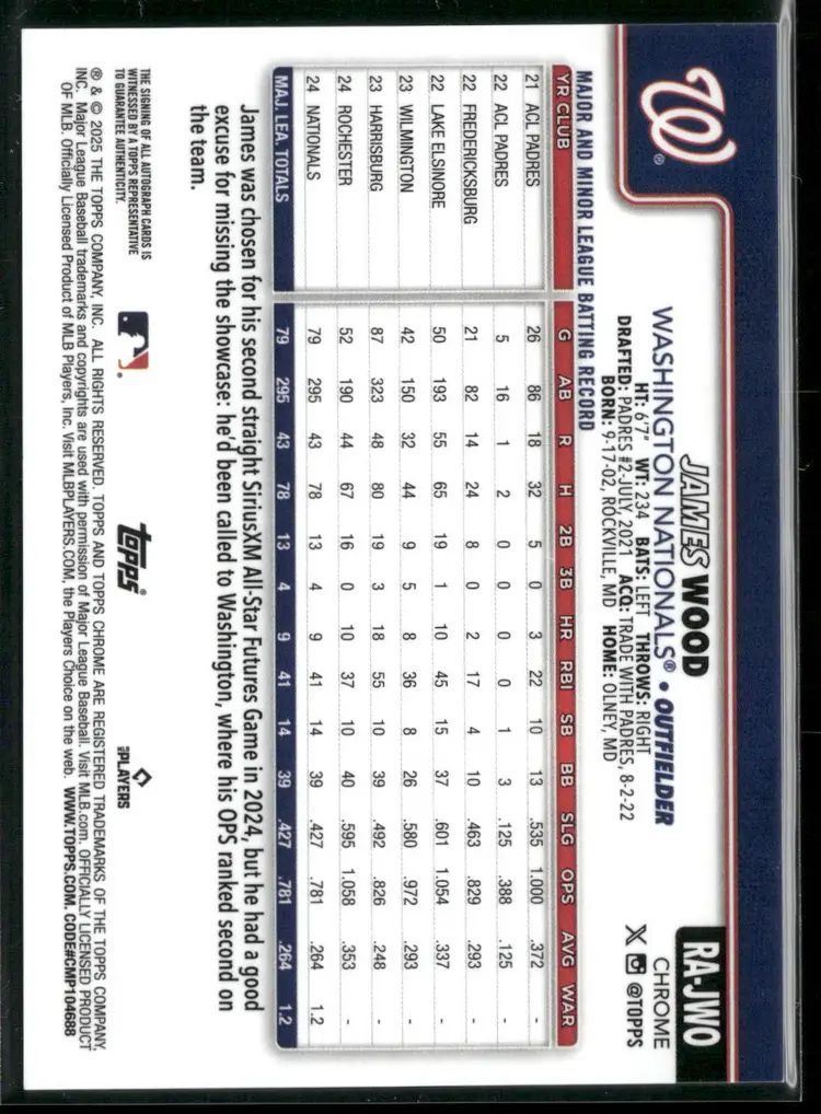 James Wood 2025 Topps Chrome Sapphire Green Atomic Refractor Auto /99