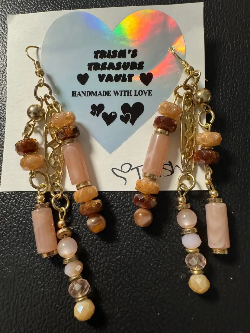 Handmade With Love Pink & Neutral Acrylic Bead Gold Tone Earrings