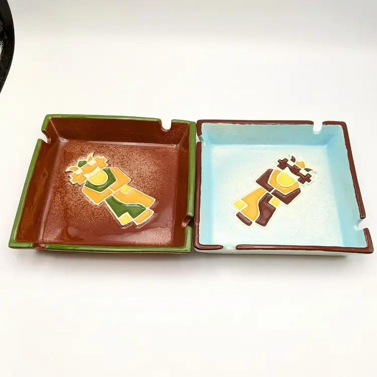 Pair Of Vintage Ceramic Legendware Ashtrays Southwest Blue And Brown Kachina