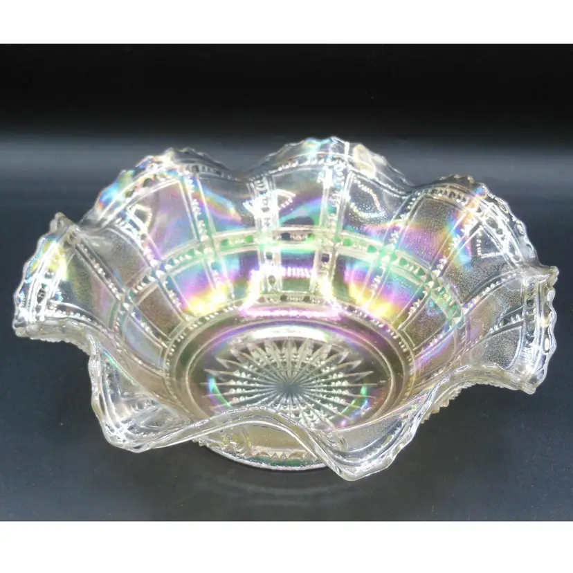 Vintage Imperial Glass, White Carnival Glass, Beaded Block, Ruffled Bowl