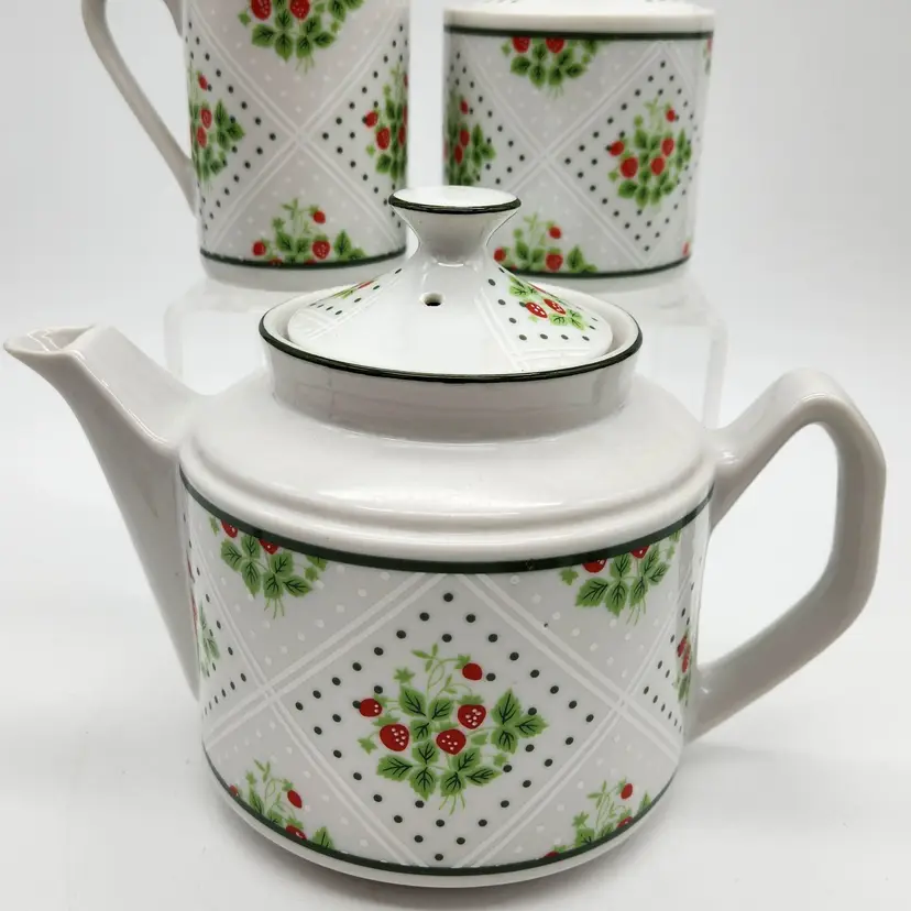 Swiss Strawberry Dot Teapot w Creamer & Covered Sugar 1975 by Enesco