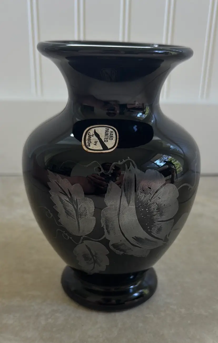 Fenton Hand Painted Silver Poppies Black Amethyst Glass Vase, signed D. Gessel