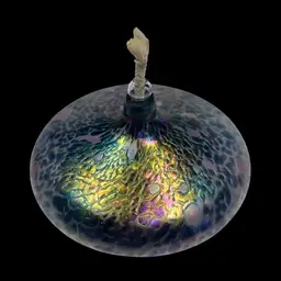 Mt. St. Helens Ash -Iridescent Crackle Art Glass Oil Lamp — 1993 — 3.5” H × 4.5” W (Artist Signature Unclear- Denes?)