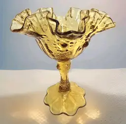 Vintage Fenton Amber Cabbage Rose Ruffled Glass Compote Pedestal Candy Dish Vase