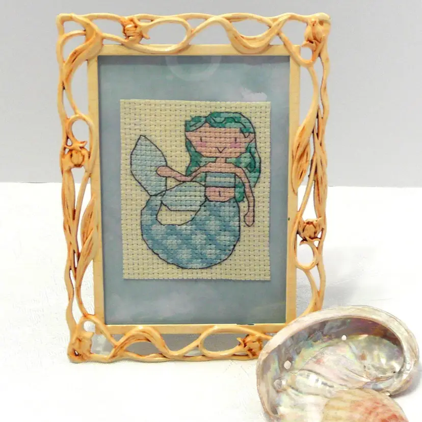 Cross Stitch Blue Green Mermaid Openwork Metal Frame Ocean Theme Decor