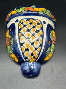 Hand-Painted Ceramic Wall Pocket - Vibrant Folk Art Floral, Blue & Citrus Tones