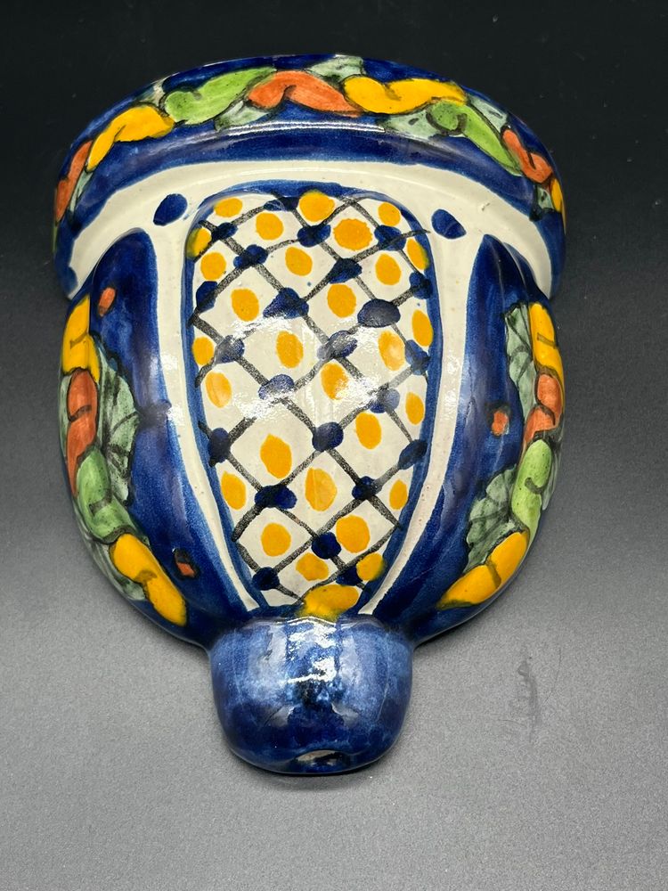 Hand-Painted Ceramic Wall Pocket - Vibrant Folk Art Floral, Blue & Citrus Tones
