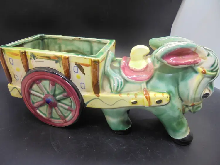 Donkey Cart Ceramic Planter Hand Painted Made in Japan a Bit Crazed and Repaired
