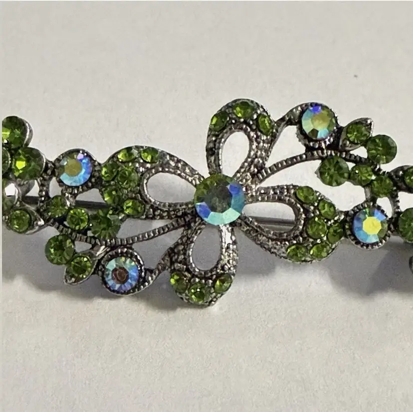 Vintage Rhinestone Floral Brooch Green AB Silver