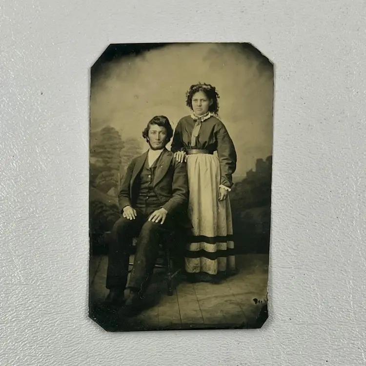Antique Photo Portrait Tin Type Tintype Couple Woman Man Beard