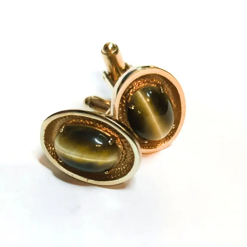 Vintage Anson Tiger Eye Oval Gold Tone Karartclad Cufflinks