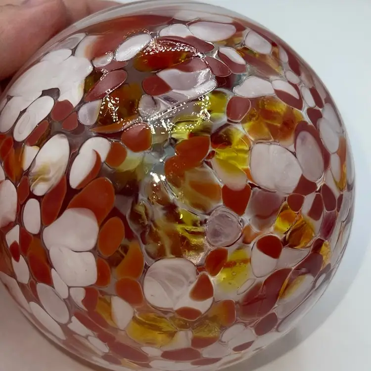11 Blown Glass Orb/ Ornament 5” Orange White Swirls Made In Poland