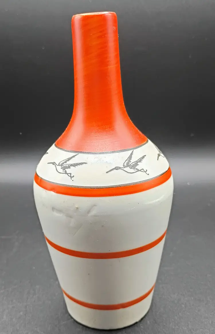 Antique French Stoneware Liquor Jar Vase Signed Number 1 of 4 Cranes 6 and 1/2 in by 3 in