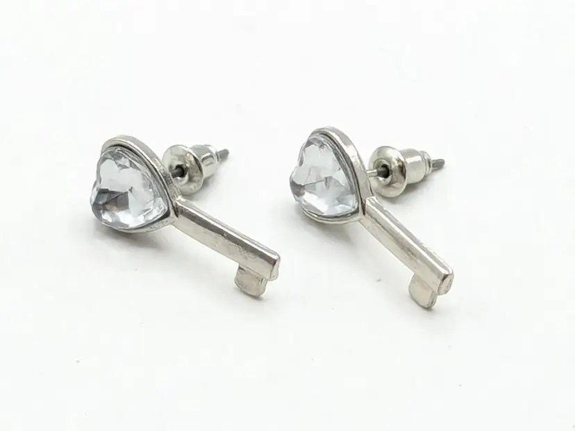 Heart Key Crystal Stud Earrings Silver Tone