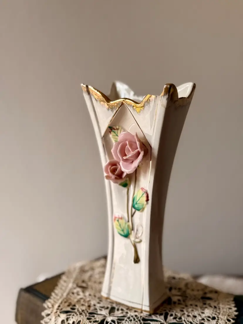 Vintage Porcelain Vase with Applied Pink Roses – Made in Japan
