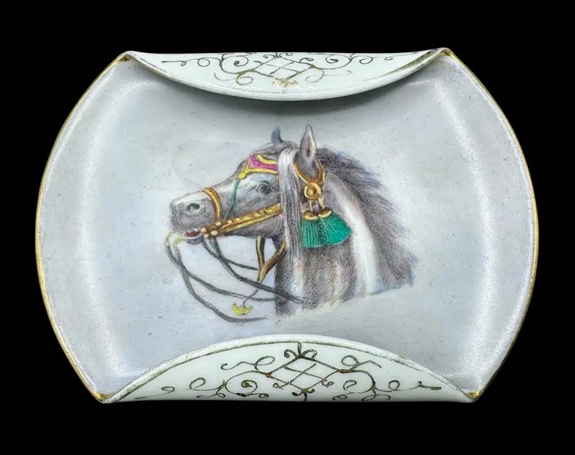 Vintage Antique Hand Painted Porcelain Dish Ashtray Arabian Horse Folded Edge