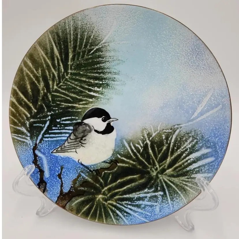 Norman Brumm Signed Enamel On Copper Plate Black Cap Chickadee 7"