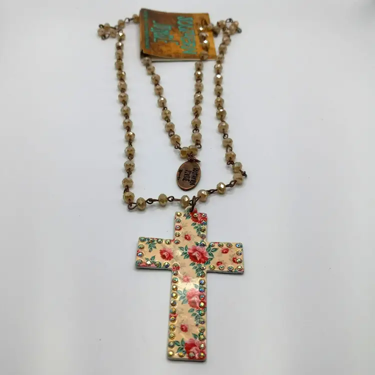 Southern Junkie Vintage Art Cross 2 3/4" Pendant Rhinestones Beaded Chain 31"