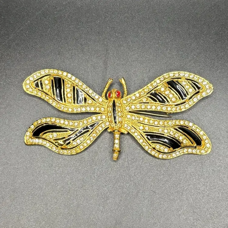 Large Vintage Dragonfly Insect Gold Tone Rhinestone & Enamel Brooch Pin