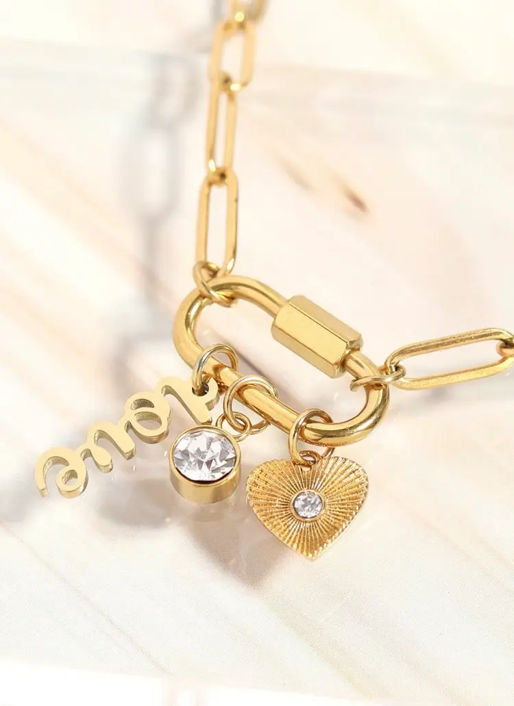 18K Gold PVD Stainless Steel Carabiner Love Charm Paperclip Necklace  Or Silver Stainless