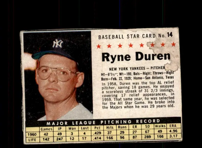 1961 Post Cereal (F278-33) #14 Ryne Duren - (pk3) - New York Yankees