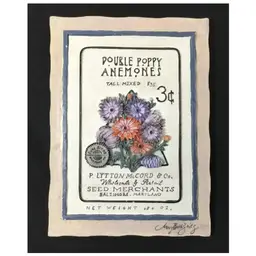 Vintage Mary Beth Zeitz wall tile, resin, anemone seed packet, 6.25" tall