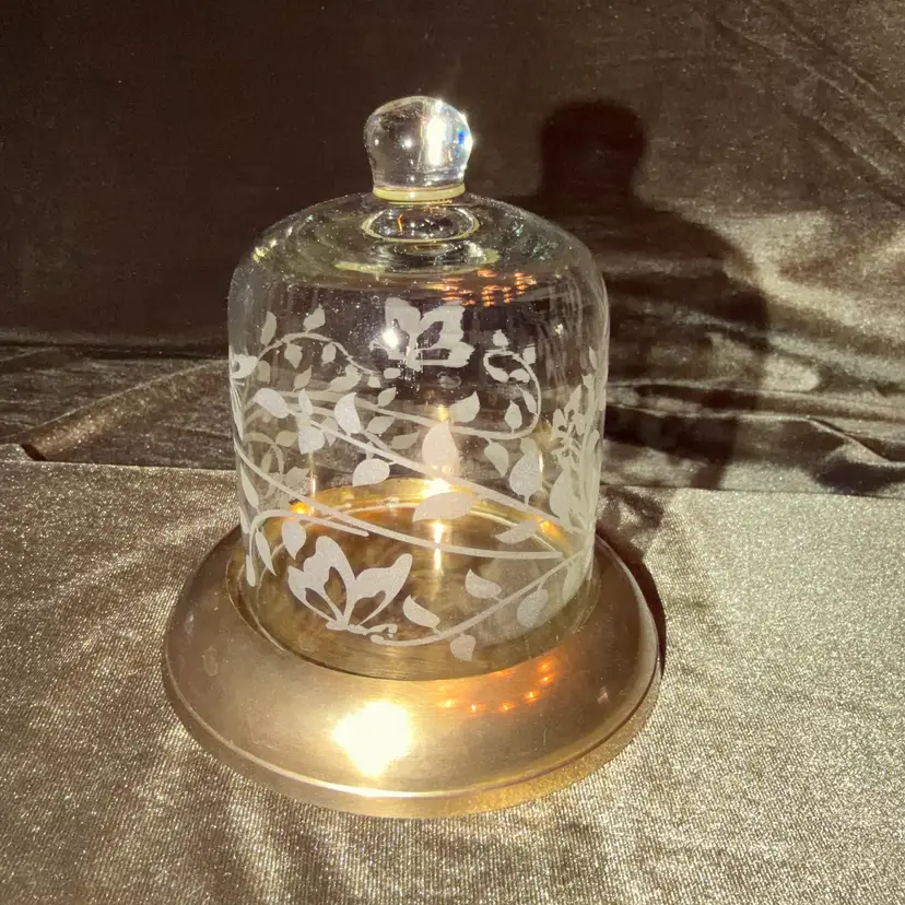 Vintage Etched Glass Bell Jar Cloche with Brass Base