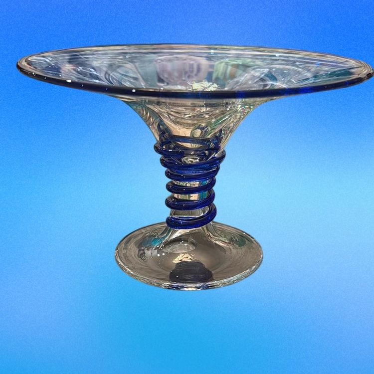 Sasaki Crystal Hand Crafted Art Glass W/ Blue Ribbon Compote