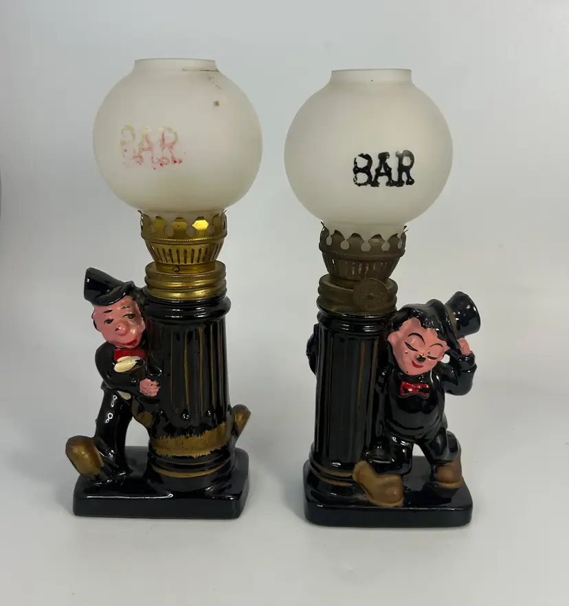 Vintage Drunk Hobo Figurines Set of 2 Oil Lamps with Glass "Bar" Globes Barware