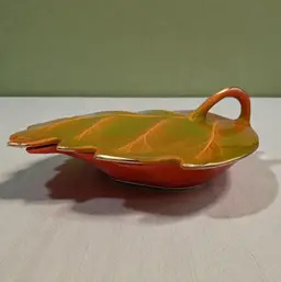 Vtg MCM Boho California Pottery 810 Green Orange Gold Leaf Dish Bowl Covered