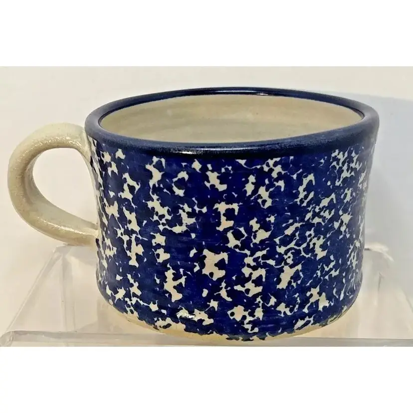 Studio Art Pottery Large Blue Sponge Painted Mug Salt Glaze, Signed
