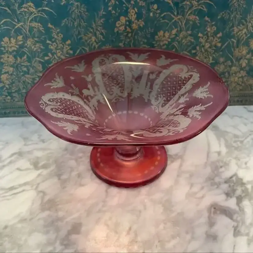 Bohemian  Czechoslovakia Czech Etched Cut to Clear Glass Compote Bowl