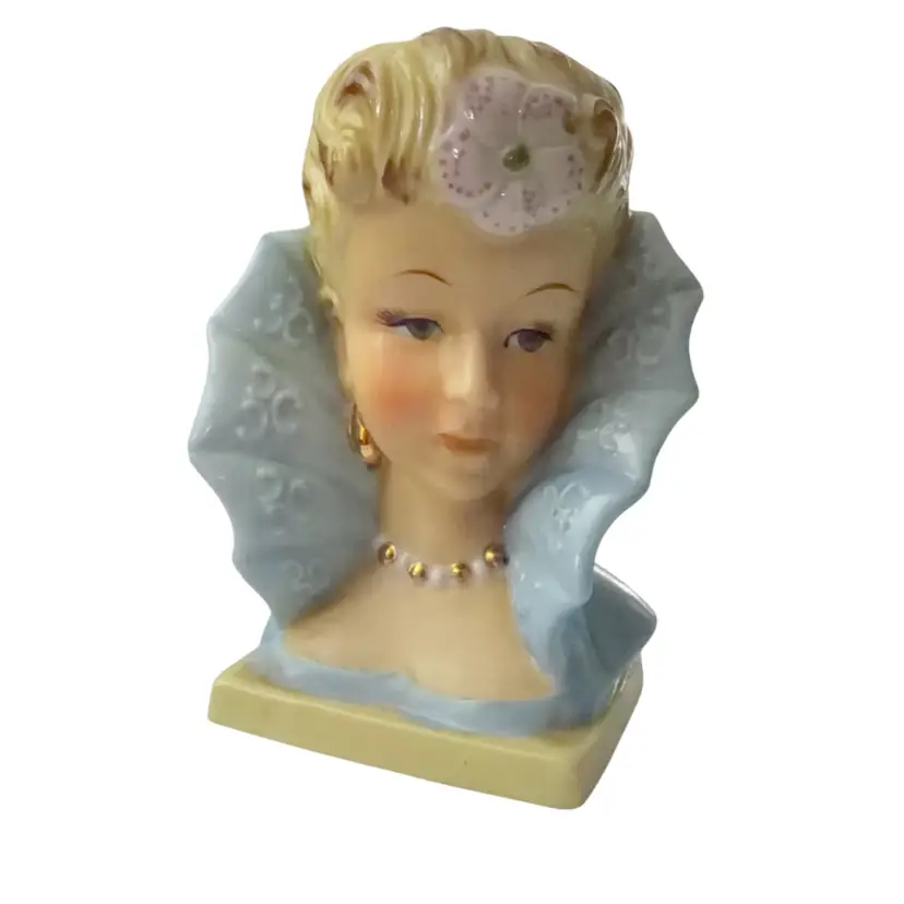 Vintage Lady Head Vase, Blonde in Blue with High Collar 6” tall made in Japan *read