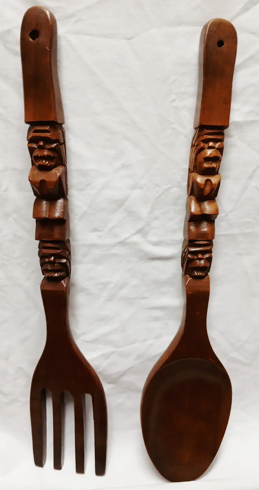 Vintage Carved Wooden Fork and Spoon Wall Decor Handmade Philippines