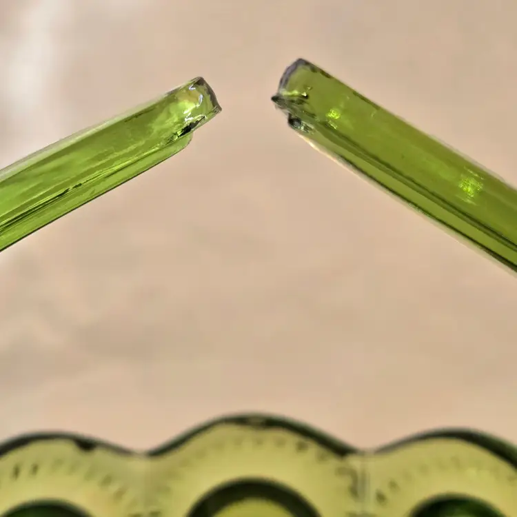 Art Glass Moon Stars Green Split Handle Basket Candy Dish LE Smith Vintage 4⅝" Tall