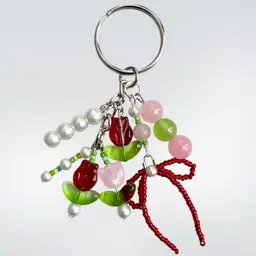 Handmade By Me - Cutesy Keychain With Red & Pink Flowers, Red Seed Bead Bow, And Green & Pearl Bead Accents, Handmade Bag Charm, Handmade Keychain, Made By NN Artist