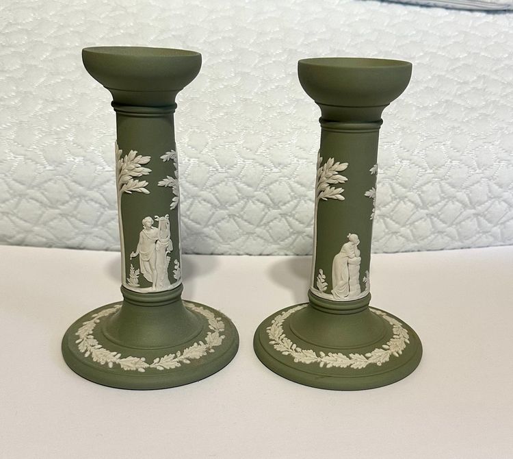2 Wedgwood Green Jasperware Candlesticks 6.75”
