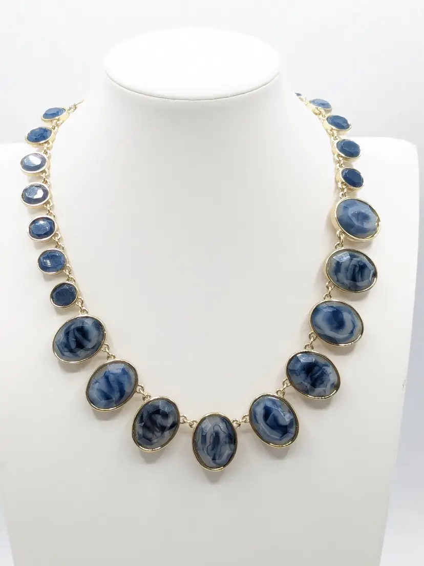 Ann Taylor Gold Tone Blue and Amber Color Cabochons Two-Sided Necklace