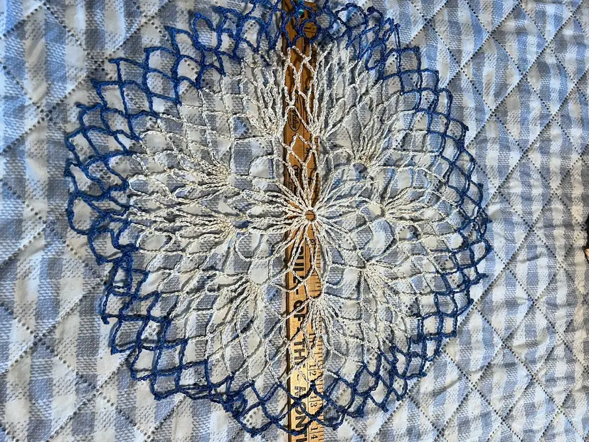 Set of 5, Vintage Stiff Cotton Crocheted Doilies,
16 1/2" In Diameter