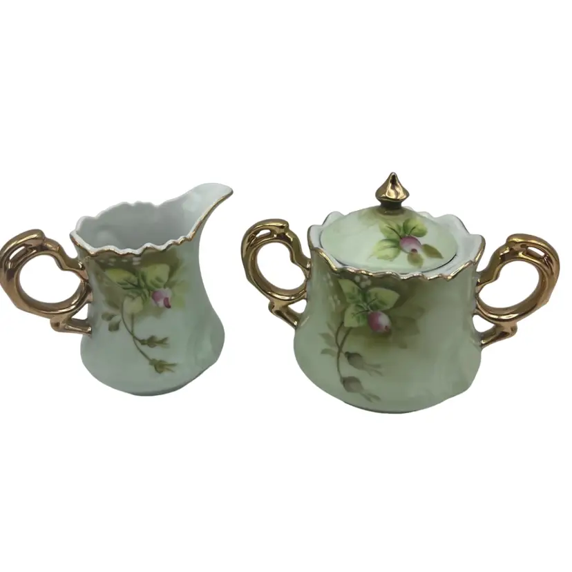 Vintage Lefton Heritage Green Roses Creamer And Sugar bowl With Lid
