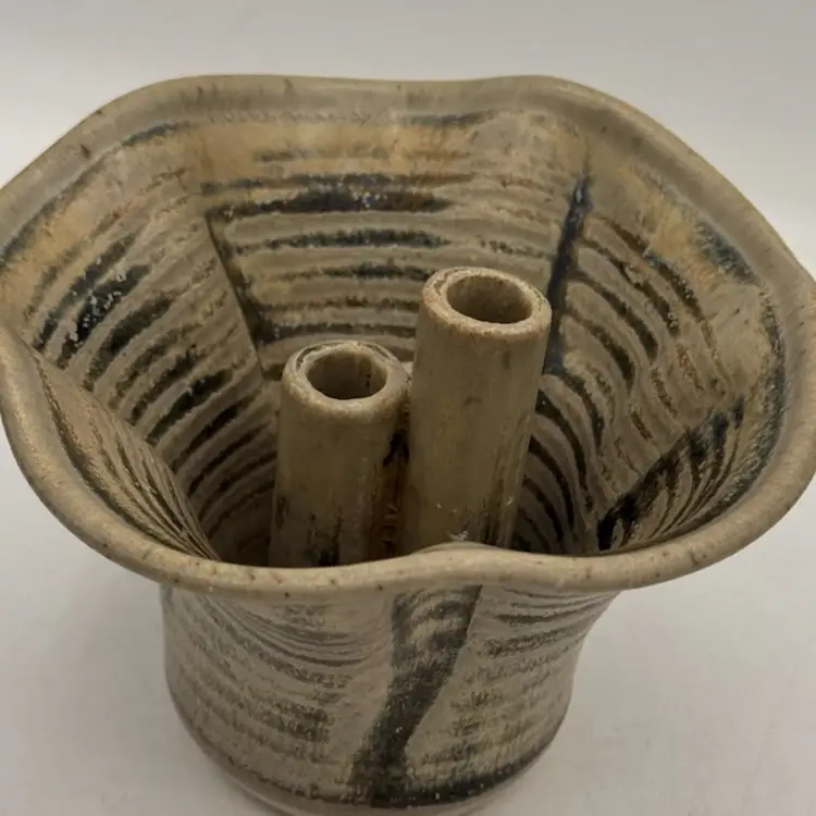 Studio Pottery Flower Frog / Ikebana Vase With Streaky Glaze And Three Openings-Signed