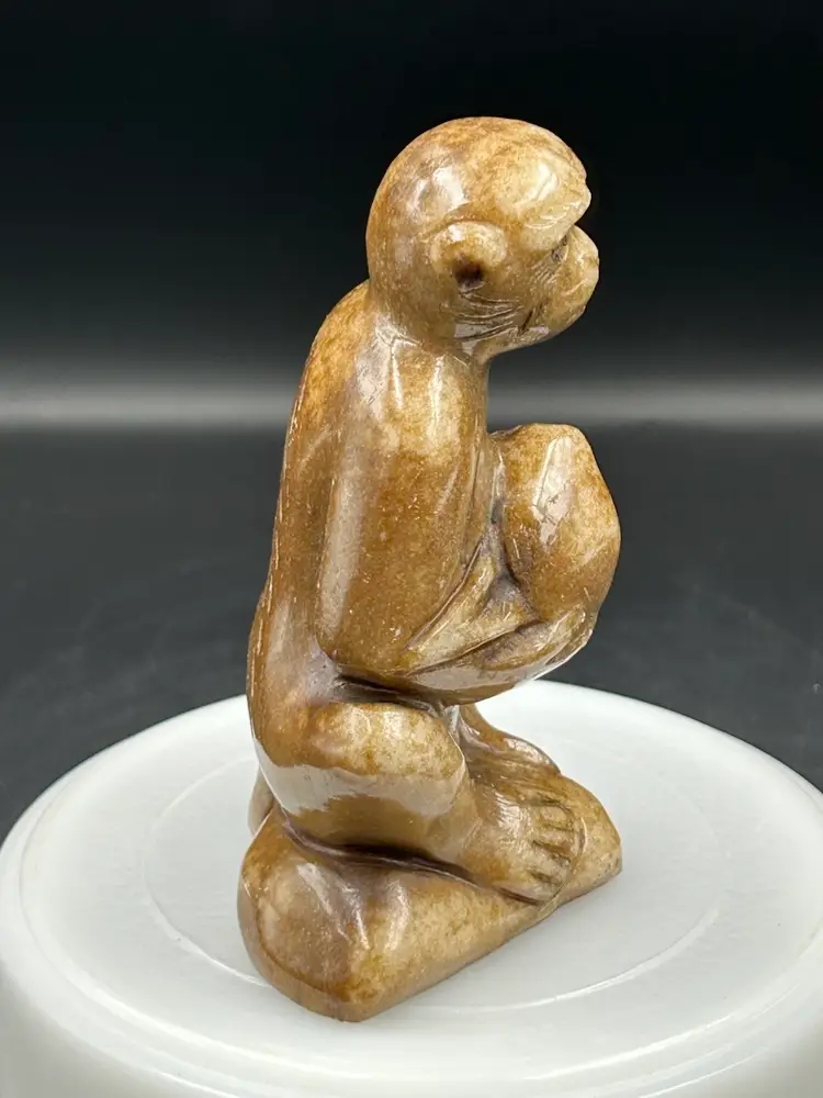 Vintage Stone Carved Monkey Holding A Peach Figurine