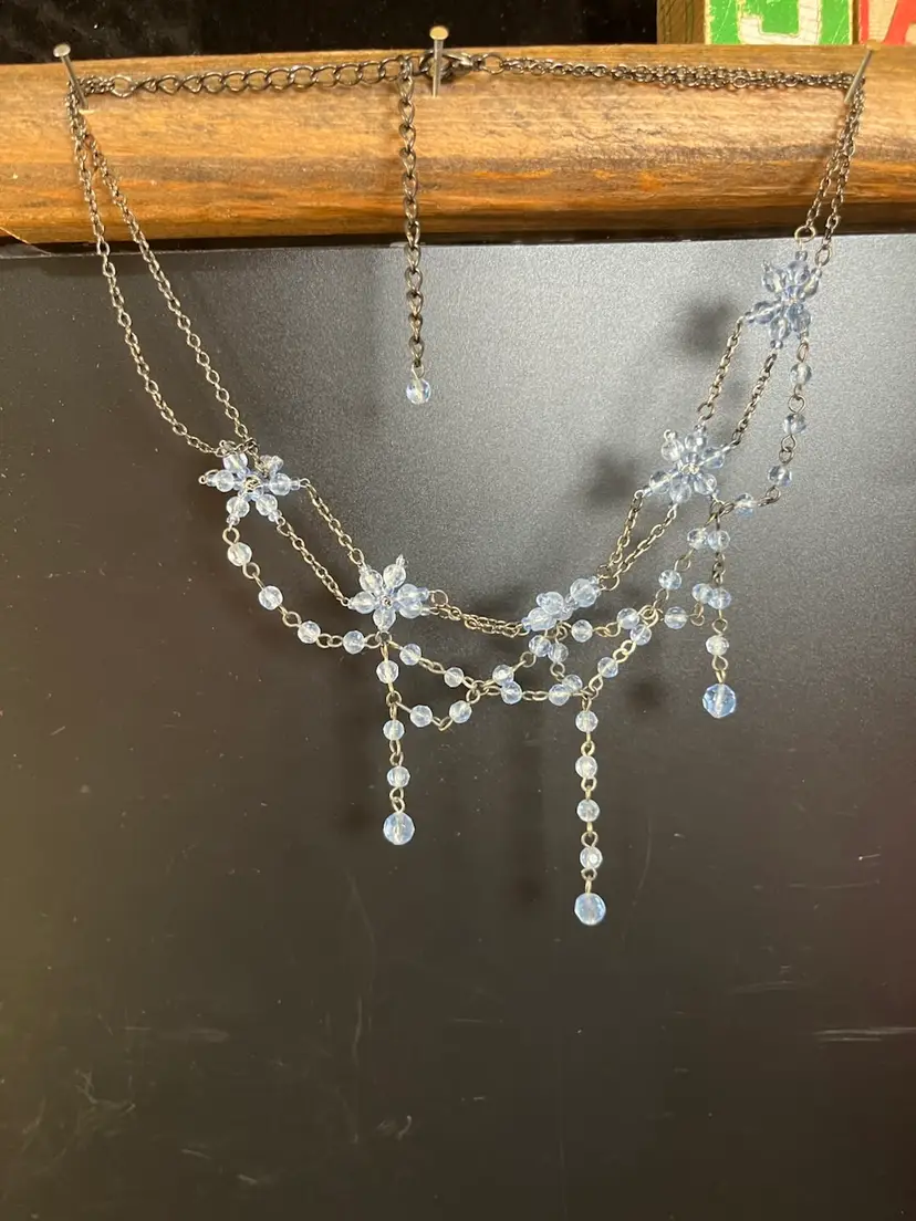 #01 Light Blue Faceted Glass Beaded Necklace w/ Layered Strand & Dangled Beads