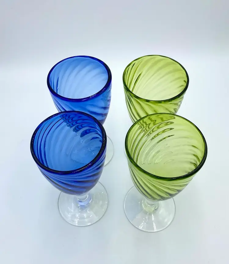 Set of 4, Cobalt Blue and Lime Green Swirl Optic Goblets, Clear Stems, Large