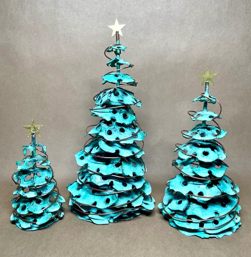 Verdigris Oxidized Copper Brutalist Christmas Trees Signed DJ Set of 3 VINTAGE